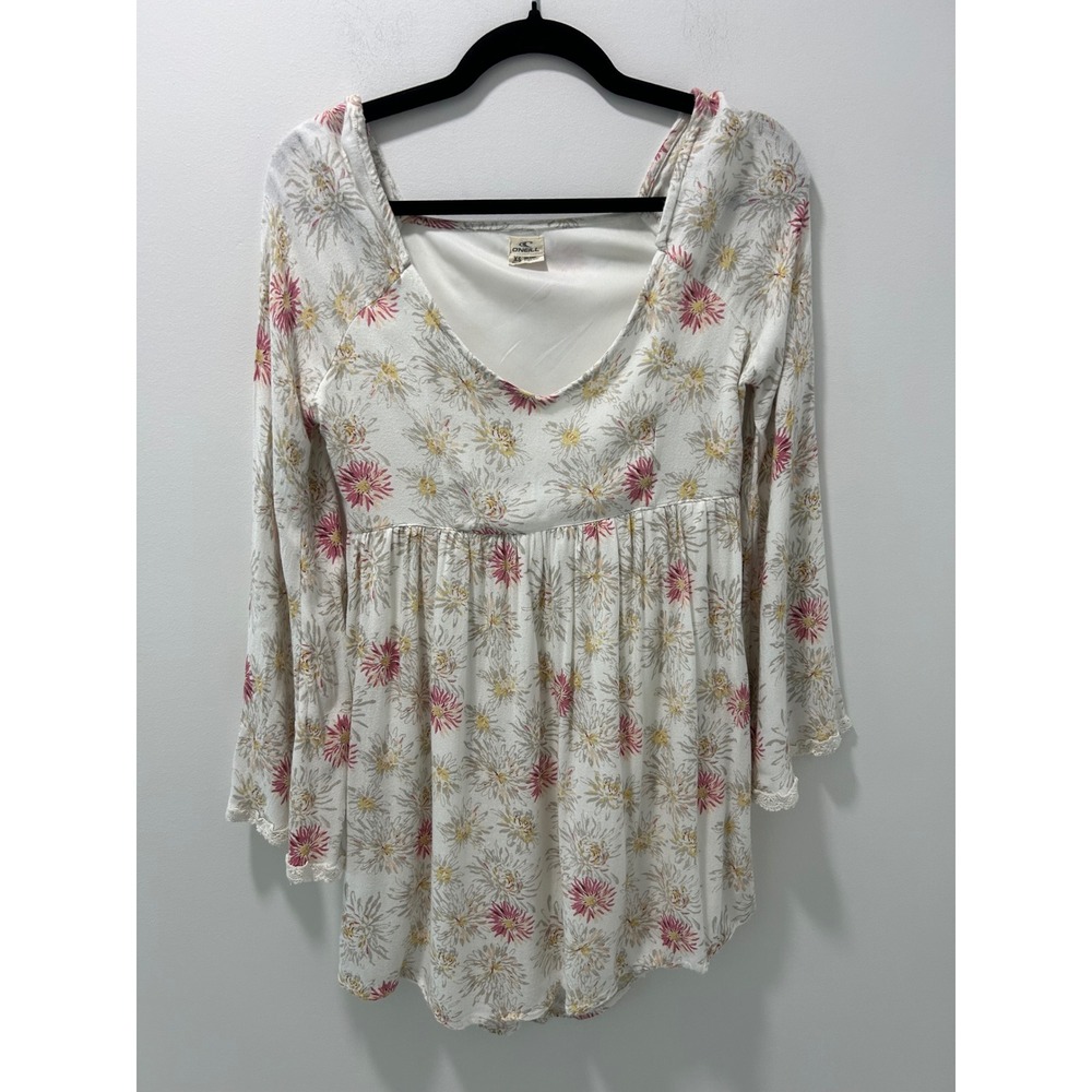 ONeill Women Floral Babydoll Tunic Top/Dress Bell Sleeve Lace Trim White Pink XS